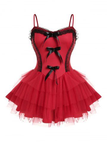 Plus Size Tulle Lace Panel Ribbon Bowknot Cami Babydoll - RED - 4X | US 26-28