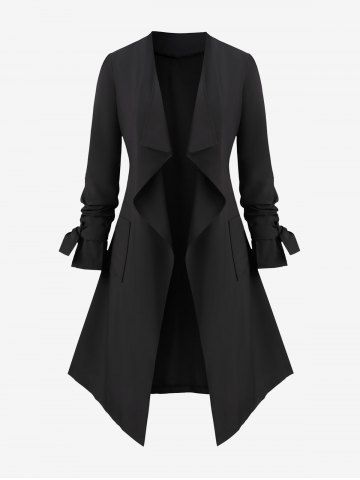 Plus Size Pockets Belt Tied Sleeves Asymmetrical Neck Cardigan Windproof Trench Coat