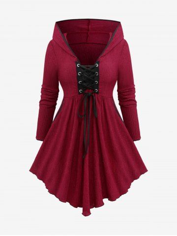 Plus Size Grommets Lace Up Pocket Ruffles Asymmetrical Textured Hooded Top - DEEP RED - M | US 10