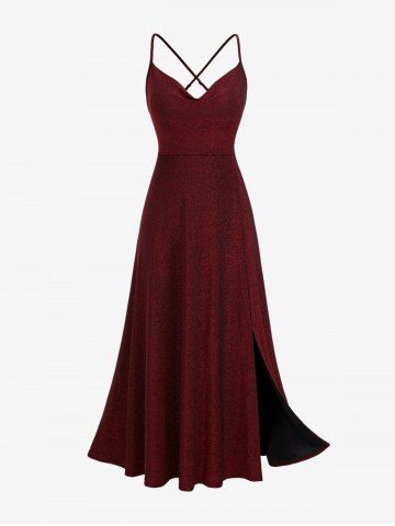 Plus Size Cowl Neck Crisscross Strappy Back Split Glitter Sparkling Dress - DEEP RED - L | US 12