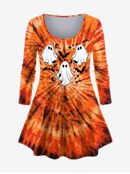 T-shirt D'Halloween Teinté Lune et Fantôme Imprimés de Grande Taille - Orange 6X