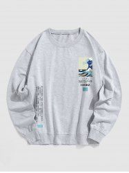 Men's Daily Casual Wave Japanese Character Print Crew Neck Long Sleeve Pullover Sweatshirt -  