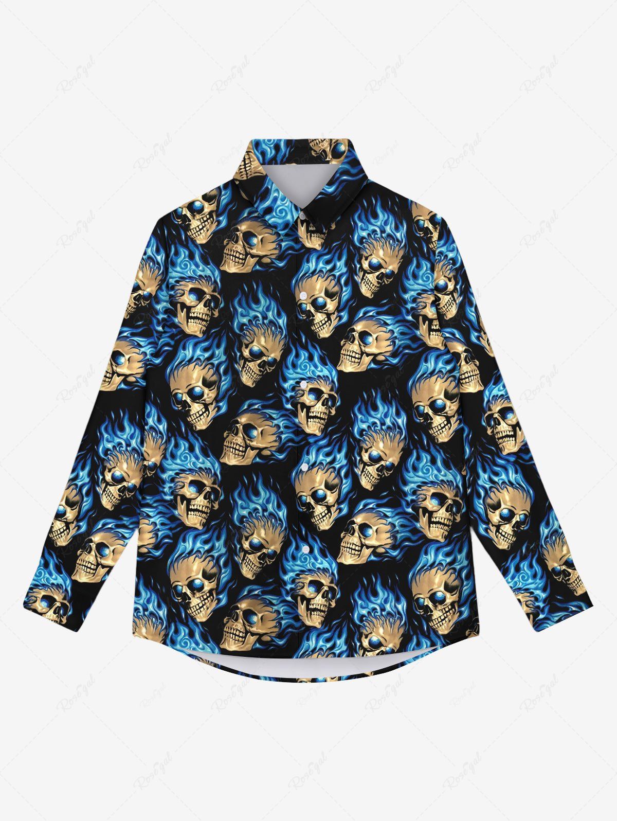 Sale Gothic 3D Skulls Fire Flame Print Halloween Buttons Shirt For Men  