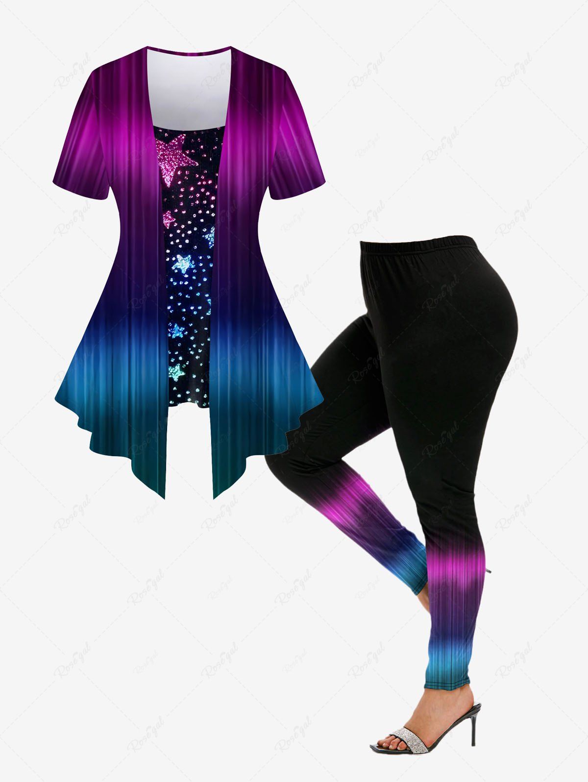 Store Light Beam Sparkling Pentagram Printed Ombre Asymmetric 2 in 1 T-shirt and Skinny Leggings Plus Size Matching Set  