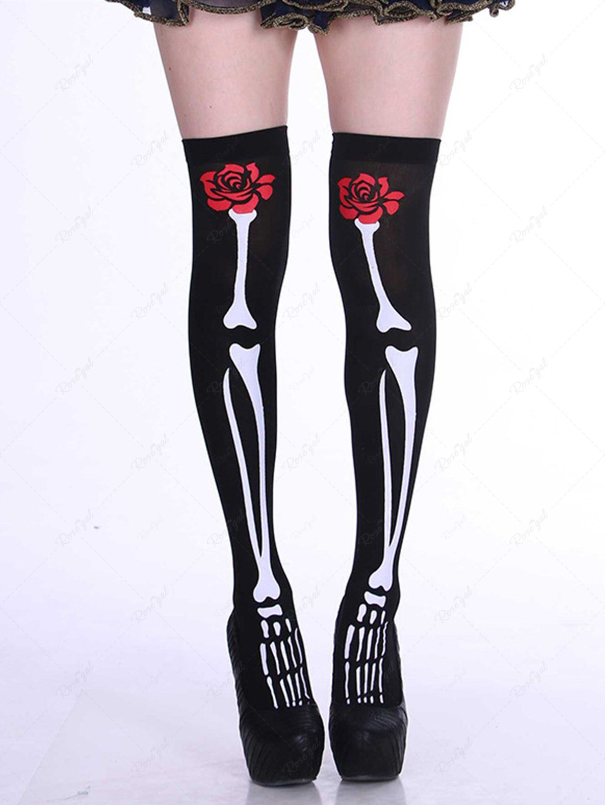 Online Fashion Rose Flower Skeleton Print Halloween Thigh High Socks  