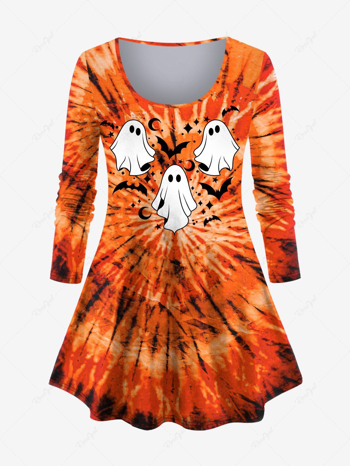 T-shirt D'Halloween Teinté Lune et Fantôme Imprimés de Grande Taille Orange 6X