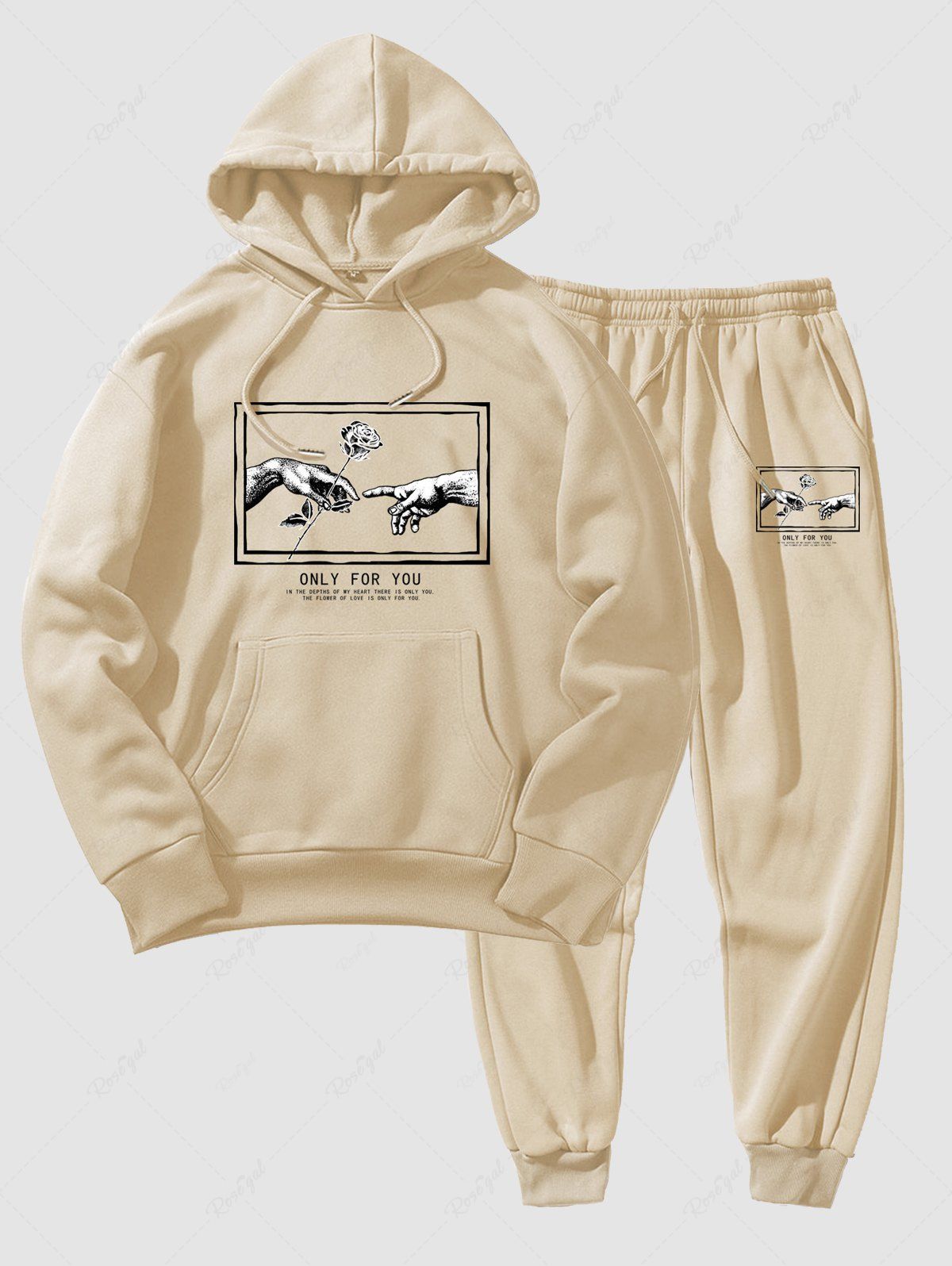 Outfit Men's Matching Co Ord Sweatsuit Letter Floral Rose Gesture Graphic Printed Drawstring Front Pocket Thermal Fleece Lined Hoodie and Jogger Pants Two Piece Set  
