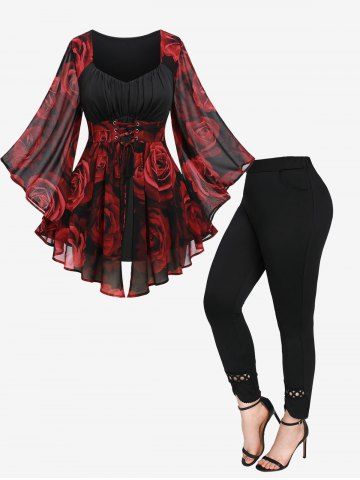 Lace Up Floral Chiffon T-shirt and Hollow Out Lace Trim Pockets Leggings Plus Size Outfit - DEEP RED