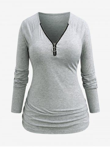 Plus Size O-ring Zipper Ruched Marled T-shirt - GRAY - XL