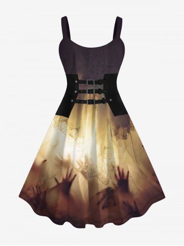 Plus Size 3D PU Panel Buckle Hand Lace Floral Print Halloween Glitter Dress - MULTI-A - XS