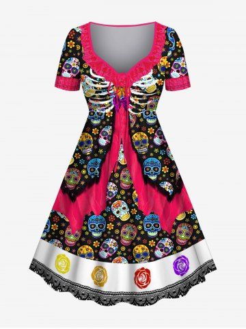 Plus Size Halloween Costume Skulls Skeleton Flower Colorblock Print Cinched Dress - MULTI-A - 3X