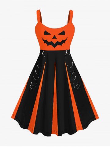 Robe D'Halloween Costume Citrouille Imprimée en Blocs de Couleurs de Grande Taille - ORANGE - M