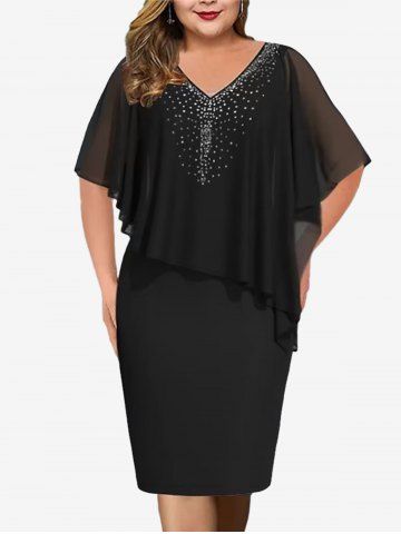 Plus Size Sparkling Sequin Sheer Mesh Overlay Asymmetrical Fitted Dress - BLACK - 3XL