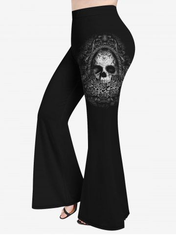 Plus Size Halloween Vintage Flower Skull Print Flare Pants - BLACK - M