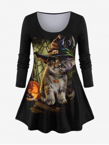 Plus Size Halloween Pumpkin Hat Cat Mouse Print T-shirt - BLACK - XS