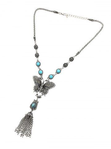 Vintage Butterfly Turquoise Tassel Pendant Necklace - SILVER