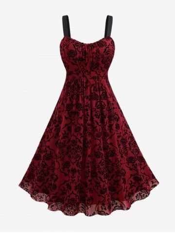 Plus Size Vintage Flower Layered Ruched Mesh A Line Dress - RED - L | US 12