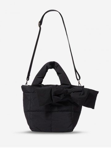 Sac à Bandoulière Rétro Matelassé en Couleur Unie avec Nœud Papillon Design pour Femme - BLACK