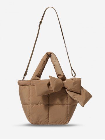 Women's Retro Winter Solid Color Puffer Quilted Bowknot Design Shoulder Bag - CAMEL BROWN