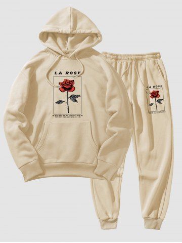 Men's Matching Athleisure Style Sweatsuit Co Ord Letter Floral Rose Graphic Printed Drawstring Thermal Fleece Lined Pullover Hoodie and Jogger Pants Two Piece Set
