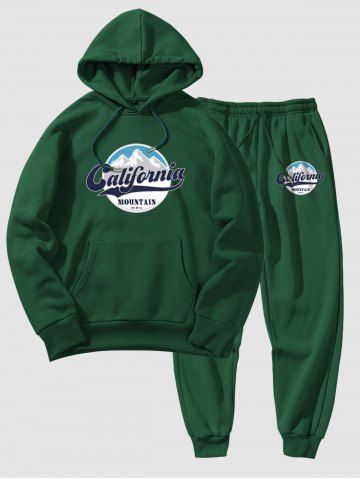 Men's Matching Athleisure Style Sweatsuit Co Ord Letter California Mountain Graphic Printed Drawstring Thermal Fleece Lined Pullover Hoodie and Jogger Pants Two Piece Set - DEEP GREEN - L