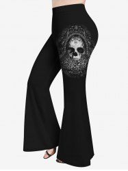 Plus Size Halloween Vintage Flower Skull Print Flare Pants -  