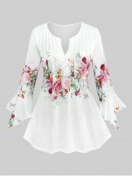 Plus Size Pleated Buttons Flower Butterfly Print Asymmetric Sleeves T-shirt -  