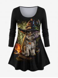 T-shirt D'Halloween Chat Citrouille et Chapeau Imprimés de Grande Taille - Noir 6X