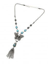 Vintage Butterfly Turquoise Tassel Pendant Necklace -  