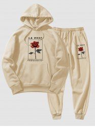 Men's Matching Athleisure Style Sweatsuit Co Ord Letter Floral Rose Graphic Printed Drawstring Thermal Fleece Lined Pullover Hoodie and Jogger Pants Two Piece Set -  