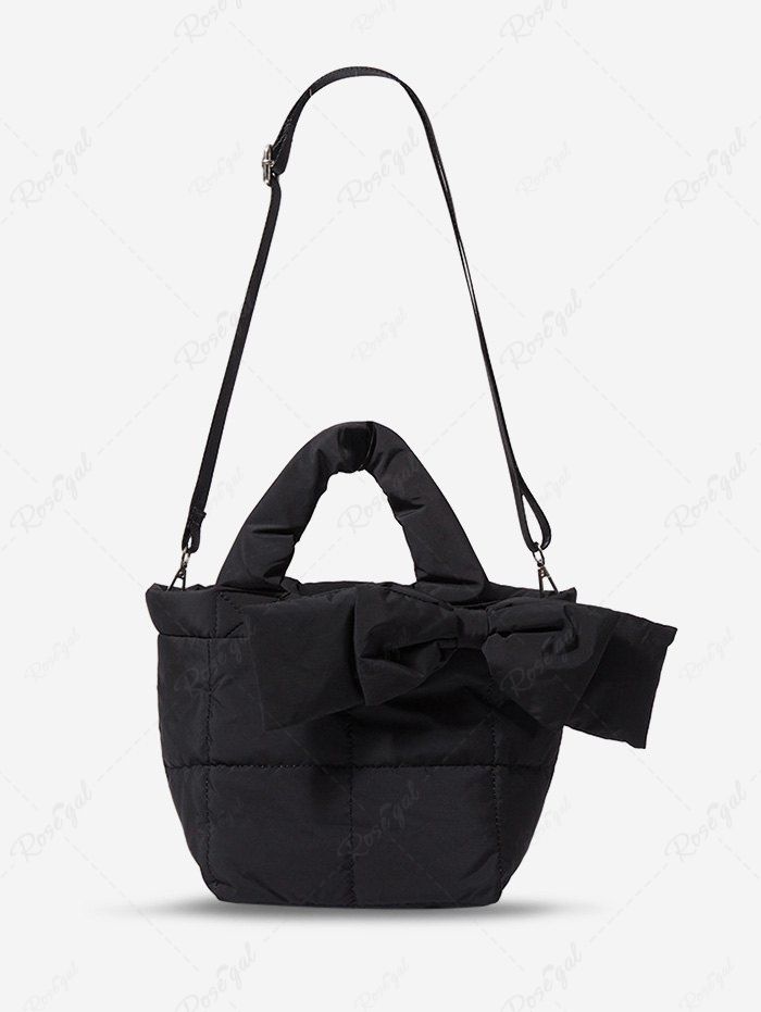 Sac à Bandoulière Rétro Matelassé en Couleur Unie avec Nœud Papillon Design pour Femme Noir 