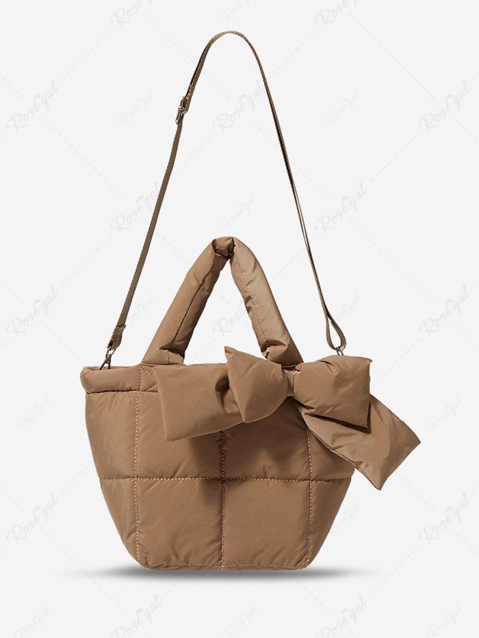 Shops Women's Retro Winter Solid Color Puffer Quilted Bowknot Design Shoulder Bag  