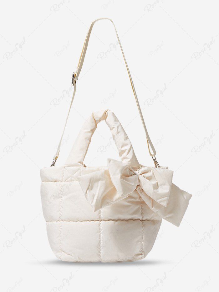 Affordable Women's Retro Winter Solid Color Puffer Quilted Bowknot Design Shoulder Bag  