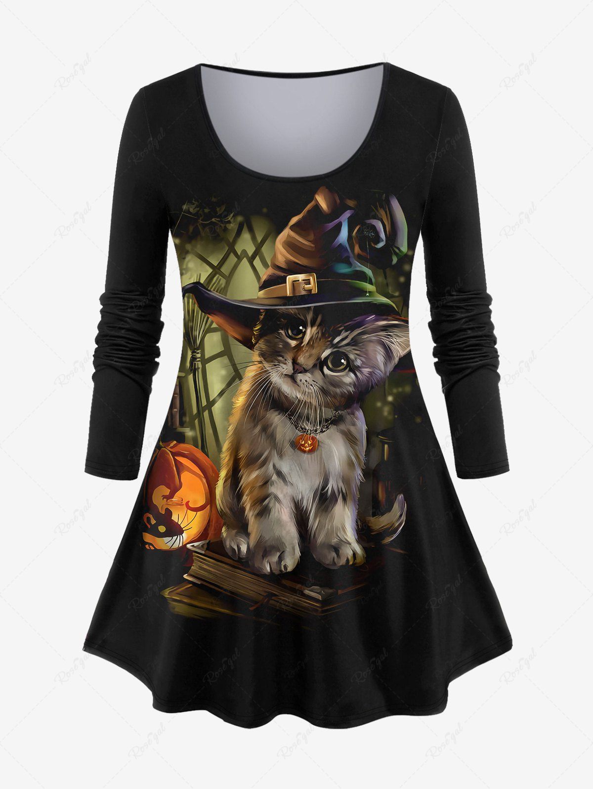 Discount Plus Size Halloween Pumpkin Hat Cat Mouse Print T-shirt  