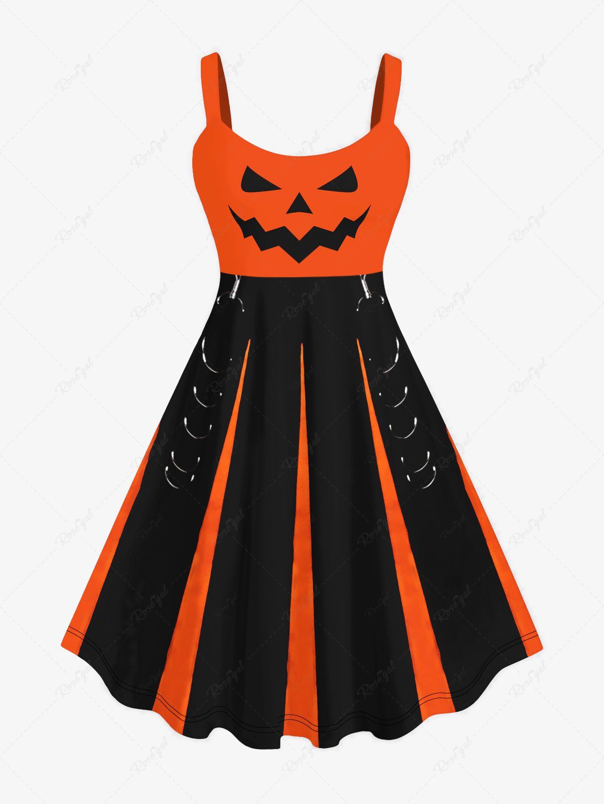 Robe D'Halloween Costume Citrouille Imprimée en Blocs de Couleurs de Grande Taille Orange 6X