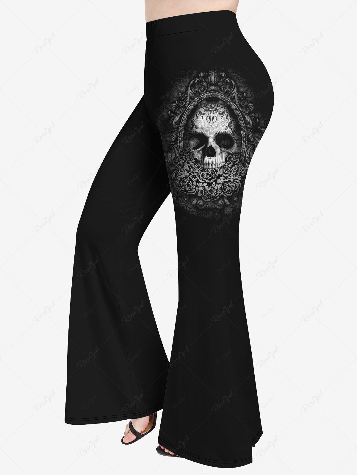 Shop Plus Size Halloween Vintage Flower Skull Print Flare Pants  