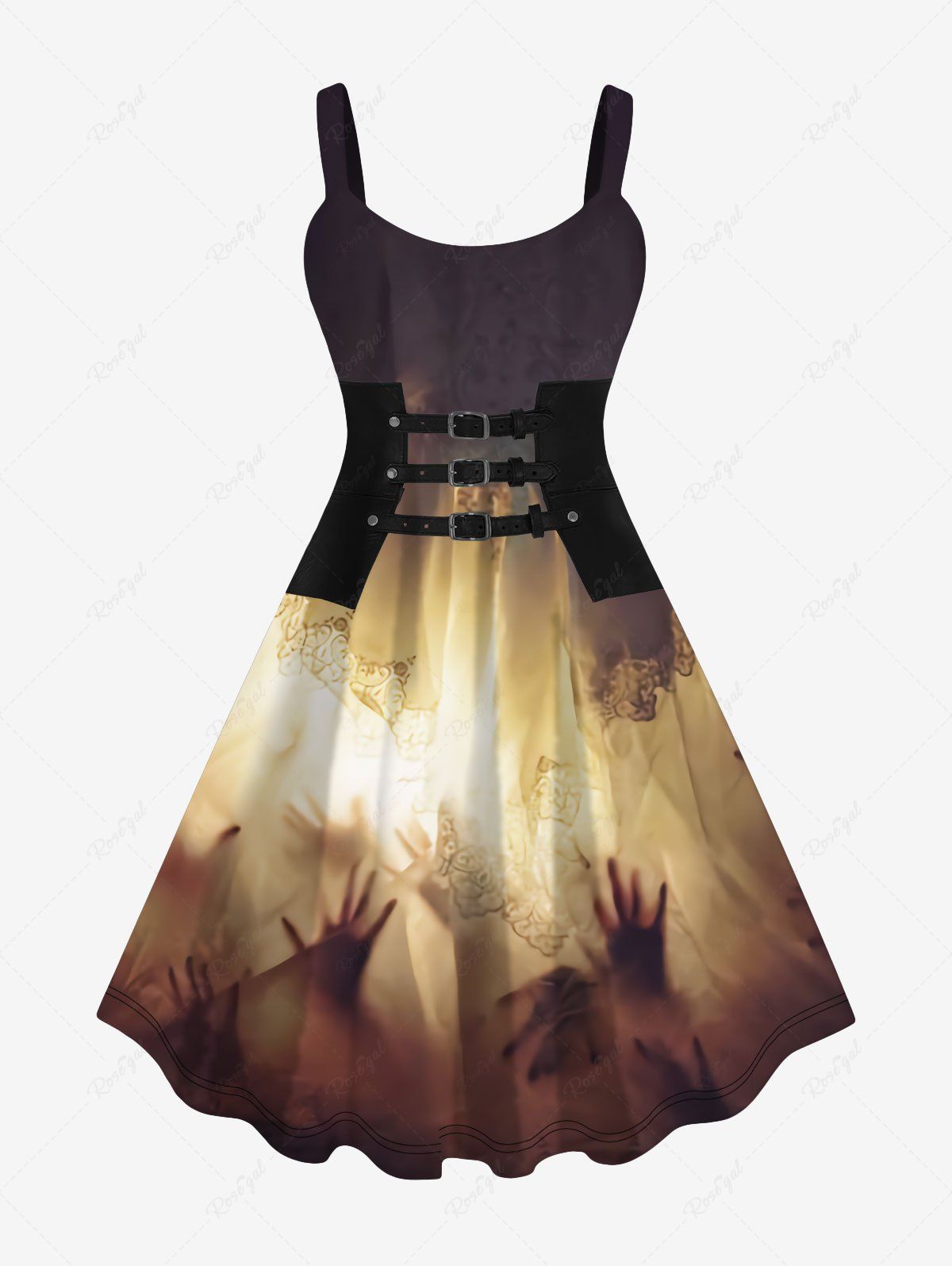 Hot Plus Size 3D PU Panel Buckle Hand Lace Floral Print Halloween Glitter Dress  
