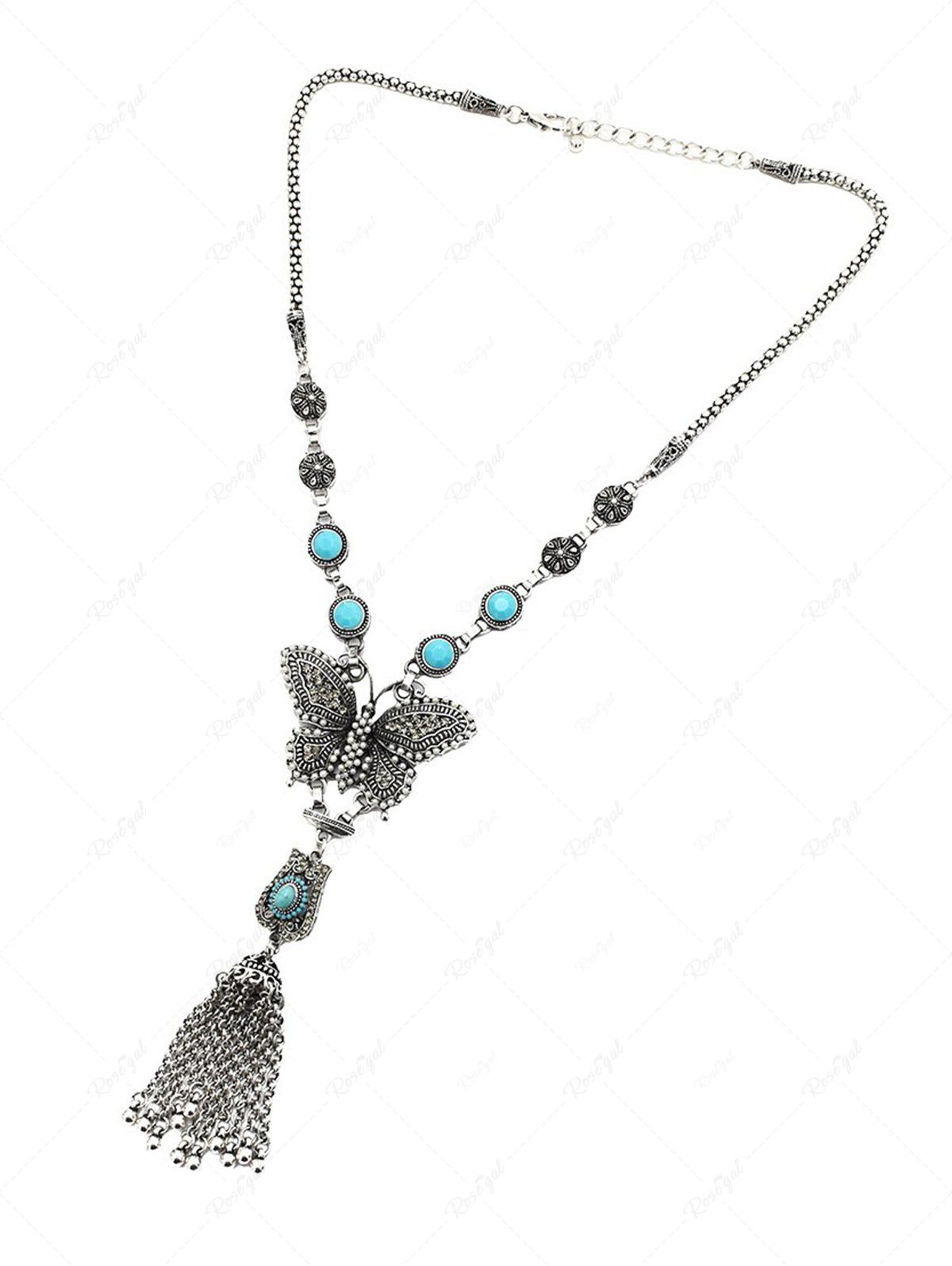 Trendy Vintage Butterfly Turquoise Tassel Pendant Necklace  