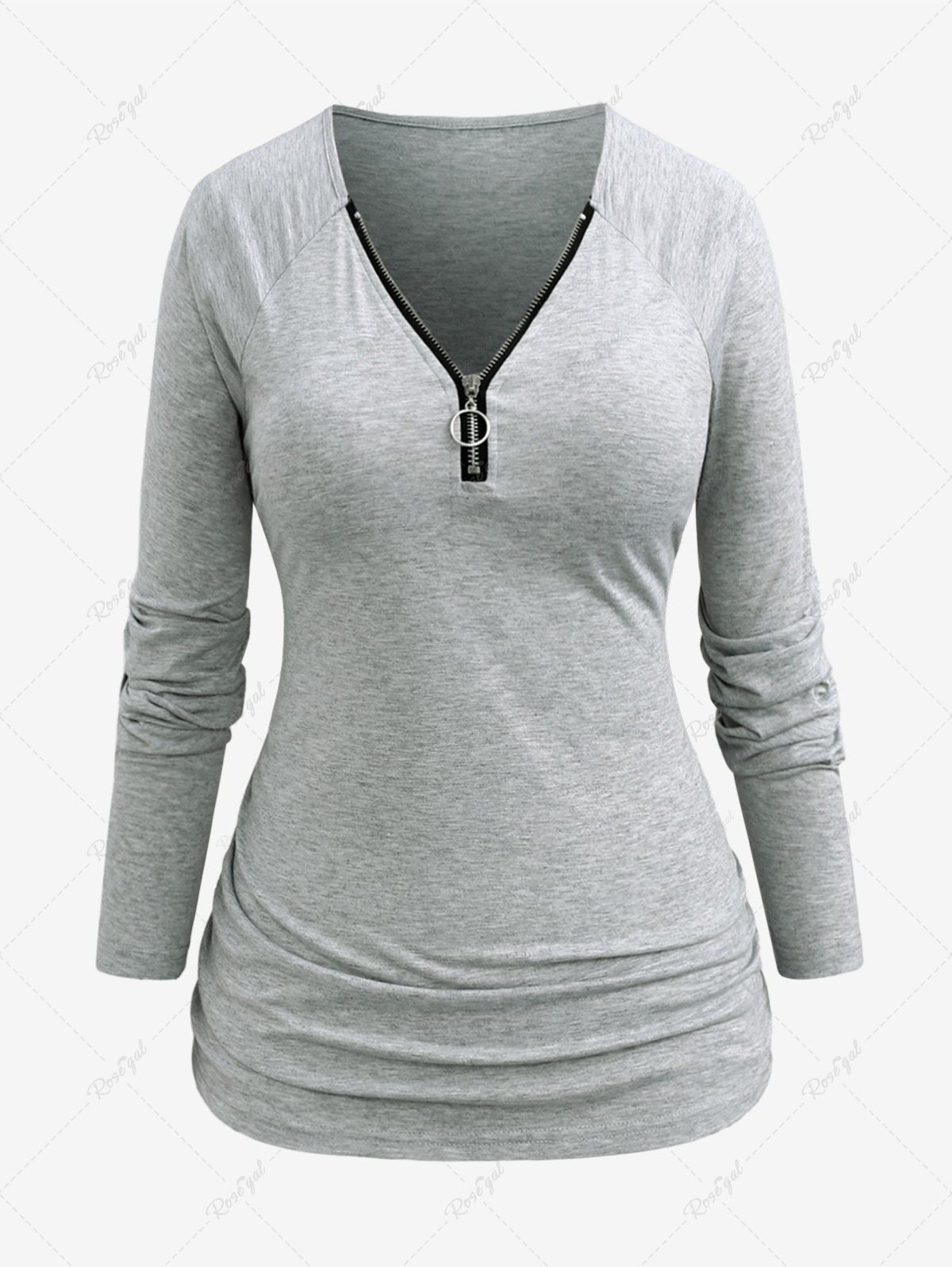 Fashion Plus Size O-ring Zipper Ruched Marled T-shirt  