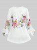 Plus Size Pleated Buttons Flower Butterfly Print Asymmetric Sleeves T-shirt -  