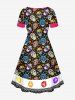 Plus Size Halloween Costume Skulls Skeleton Flower Colorblock Print Cinched Dress -  