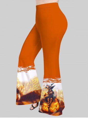 Plus Size Bat Pumpkin Hat Witch Print Halloween Flare Pants - ORANGE - XS