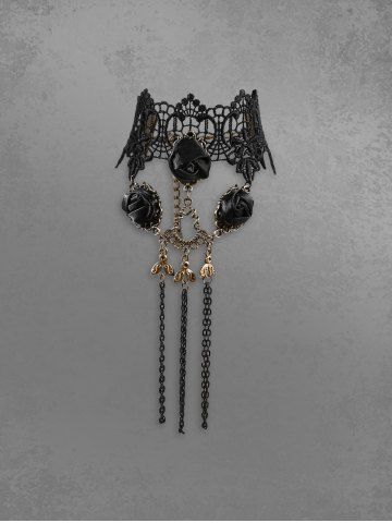 Gothic Vintage Lace Rose Chains Finger Ring Bracelet - BLACK