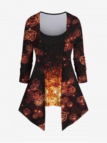 Plus Size Halloween Pumpkin Glitter Print 2 In 1 T-shirt - ORANGE - 2X