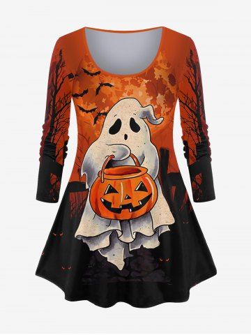 Plus Size Halloween Ghost Pumpkin Moon Bat Tree Print T-shirt - DARK ORANGE - 3X