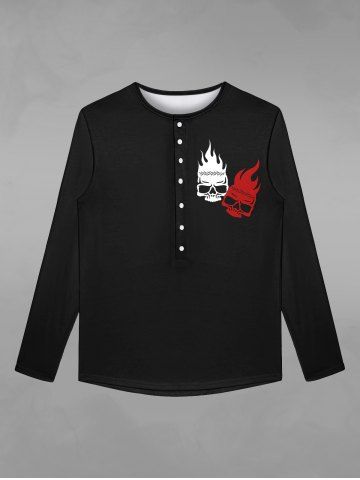 Gothic Flame Skulls Print Buttons Halloween T-shirt For Men - BLACK - S