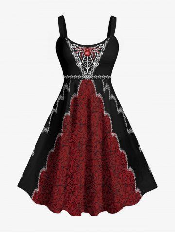Halloween Vampire Costume Spider Web Colorblock Floral Figure Print Plus Size Tank Dress - DEEP RED - XS