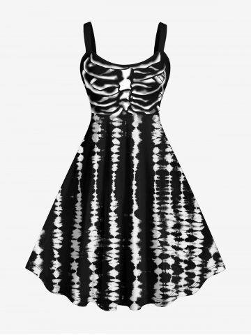 Plus Size Halloween Skeleton Tie Dye Print Tank Dress - BLACK - 2X