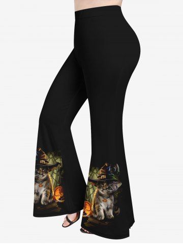 Pantalon Évasé à Imprimé Citrouille Chat avec Chapeau D'Halloween Grande-Taille - BLACK - XS
