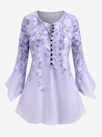 Plus Size Flower Leaf Printed Buttons 3/4 Length Flare Sleeves T-shirt - LIGHT PURPLE - XL